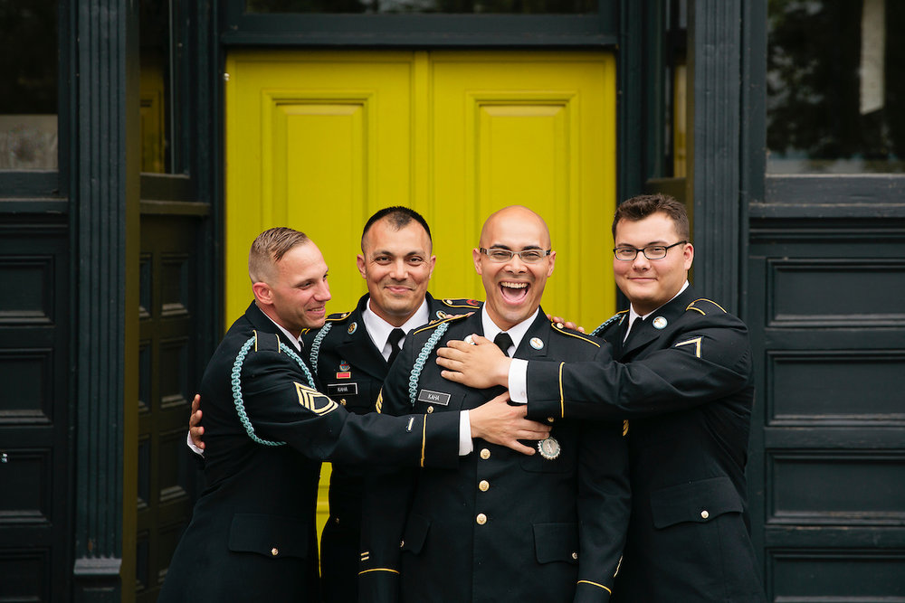 Groom and friends in military uniforms