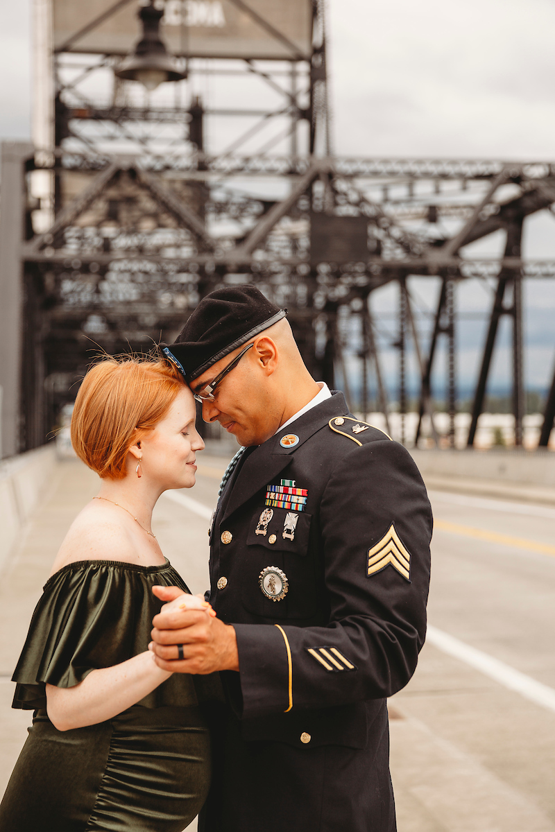 Military couple at Murray Morgan Bridge
