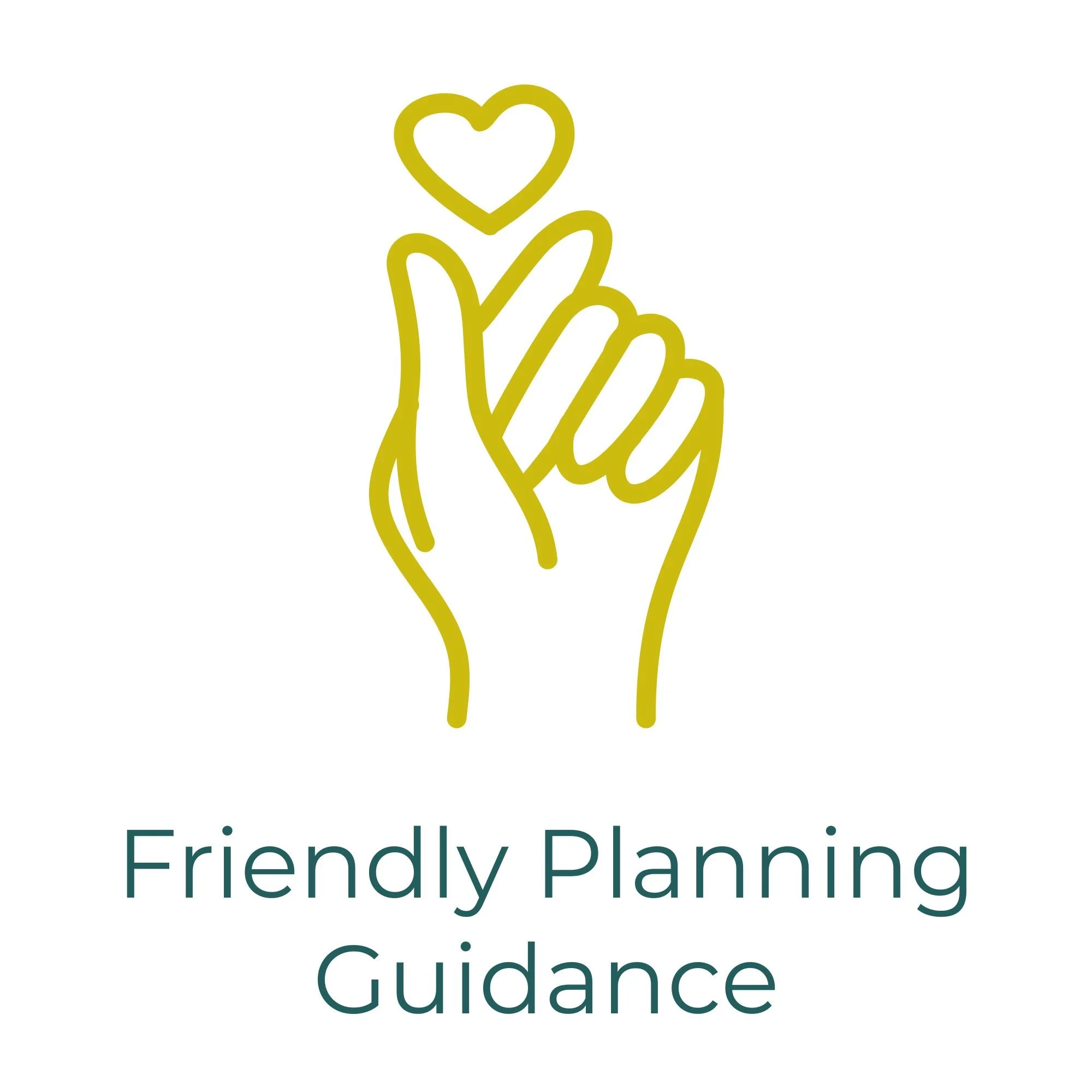 Line drawing of a hand holding a heart, above reading 'Friendly Planning Guides'.