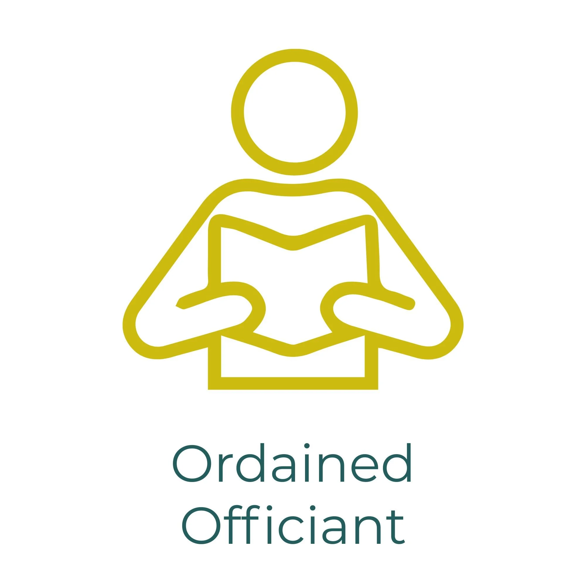 A logo with a yellow outline of a person reading a book, accompanied by text that says "Ordained Officiant."