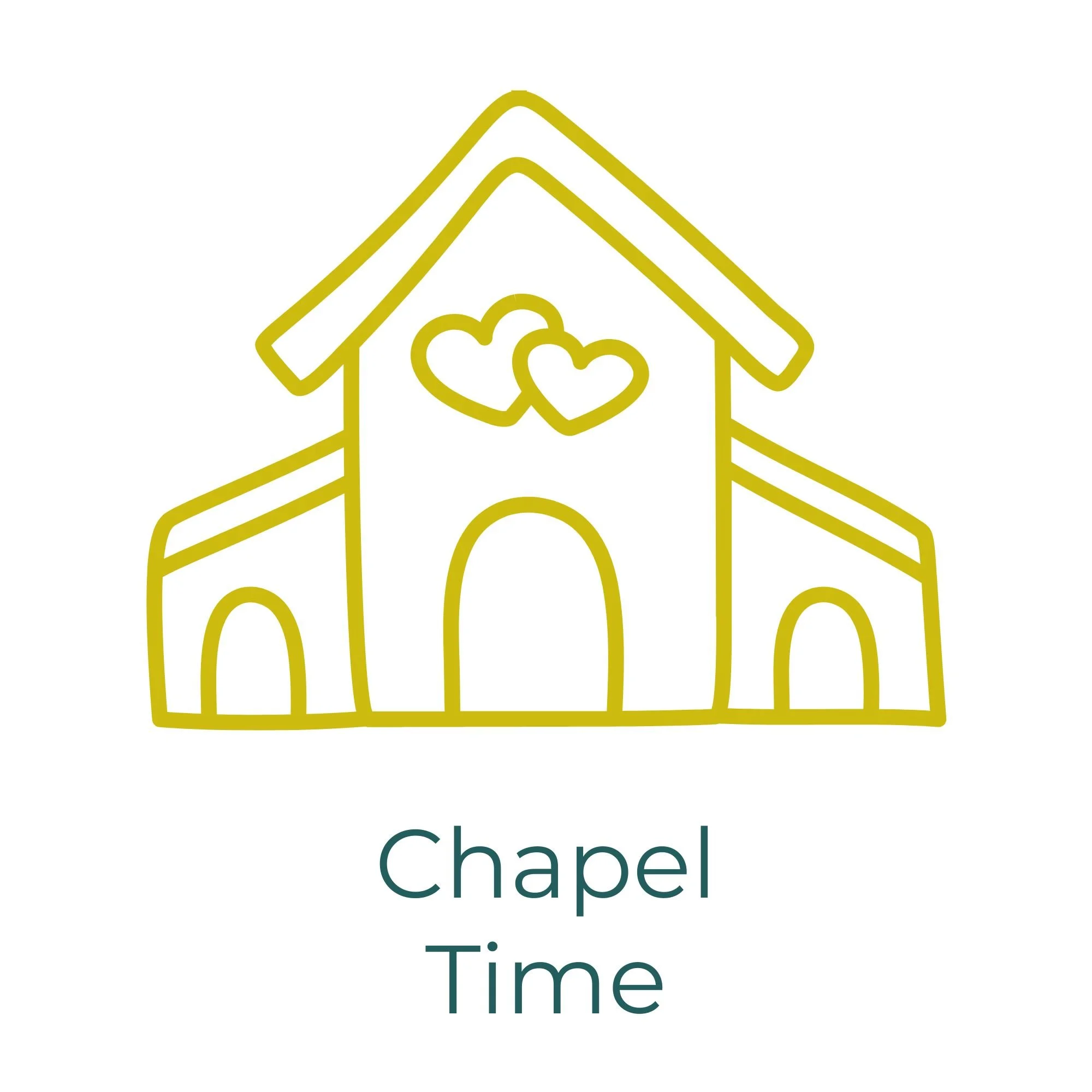 A simple gold outline drawing of a wedding chapel, with the words 'Chapel Time' underneath.