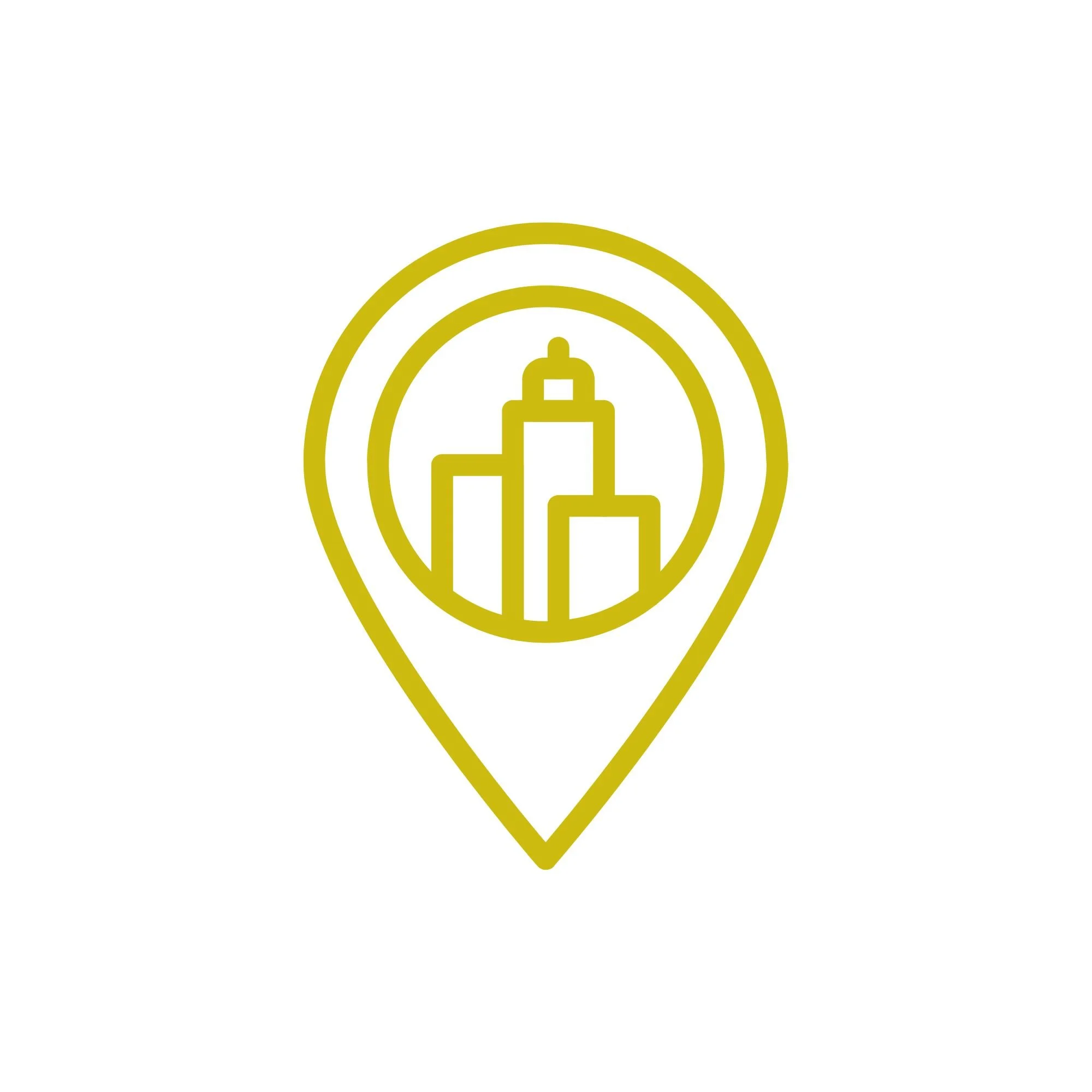 A map pin graphic with a city skyline inside and concentric circles around it.