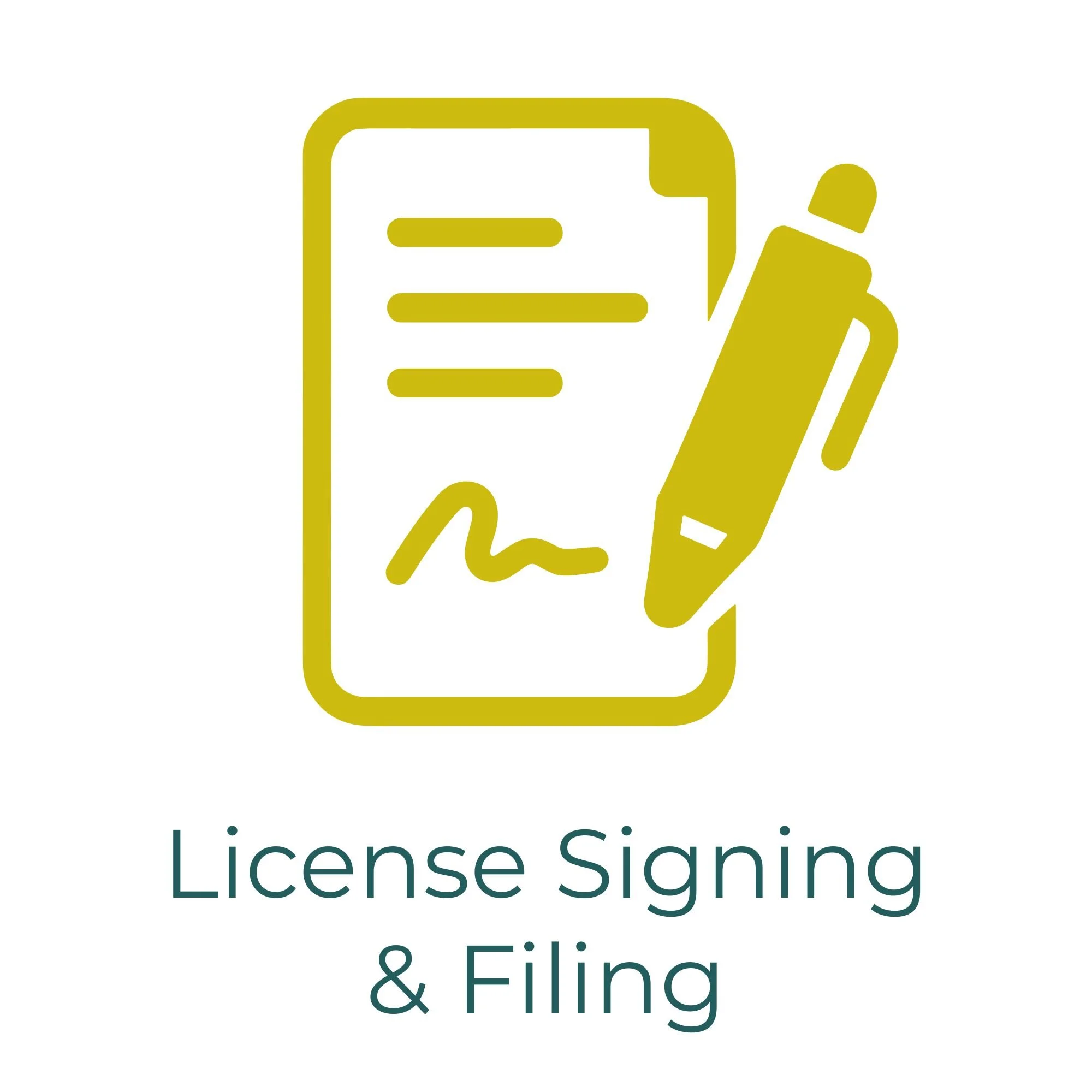 Logo for Licensing, Signage & Fencing company with a stylized yellow icon resembling a document or license and text below.