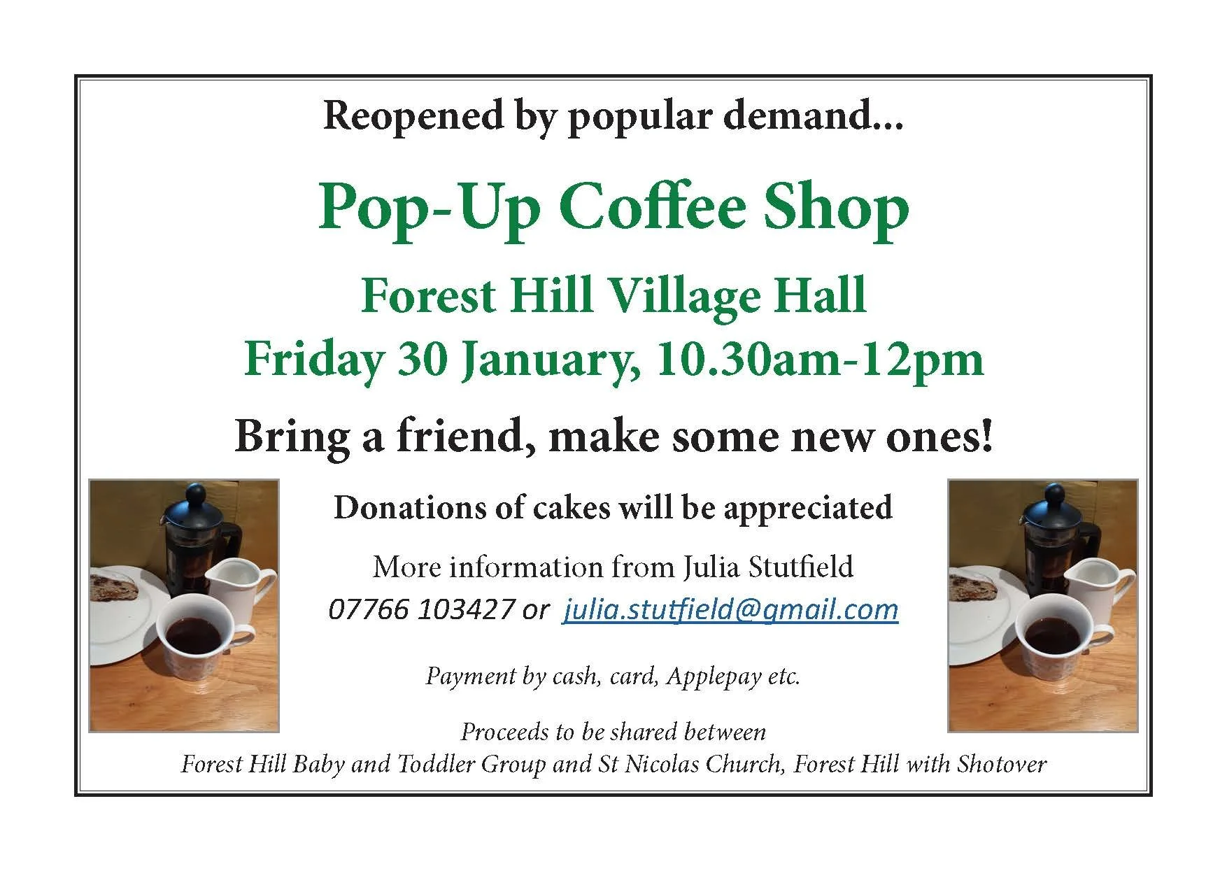 Pop-Up Coffee Shop in the Village Hall, 10.30am-12pm