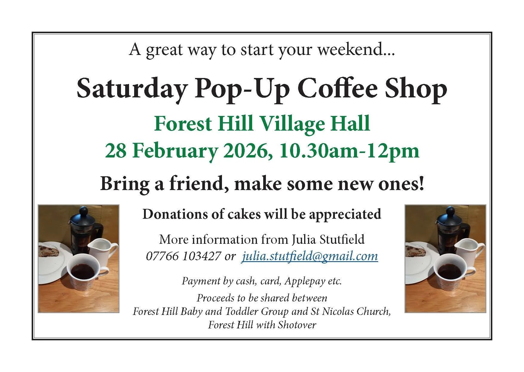 Pop-Up Coffee Shop in the Village Hall, 10.30am-12pm