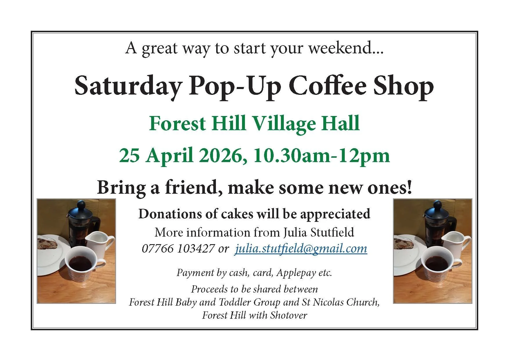 Pop-Up Coffee Shop in the Village Hall, 10.30am-12pm