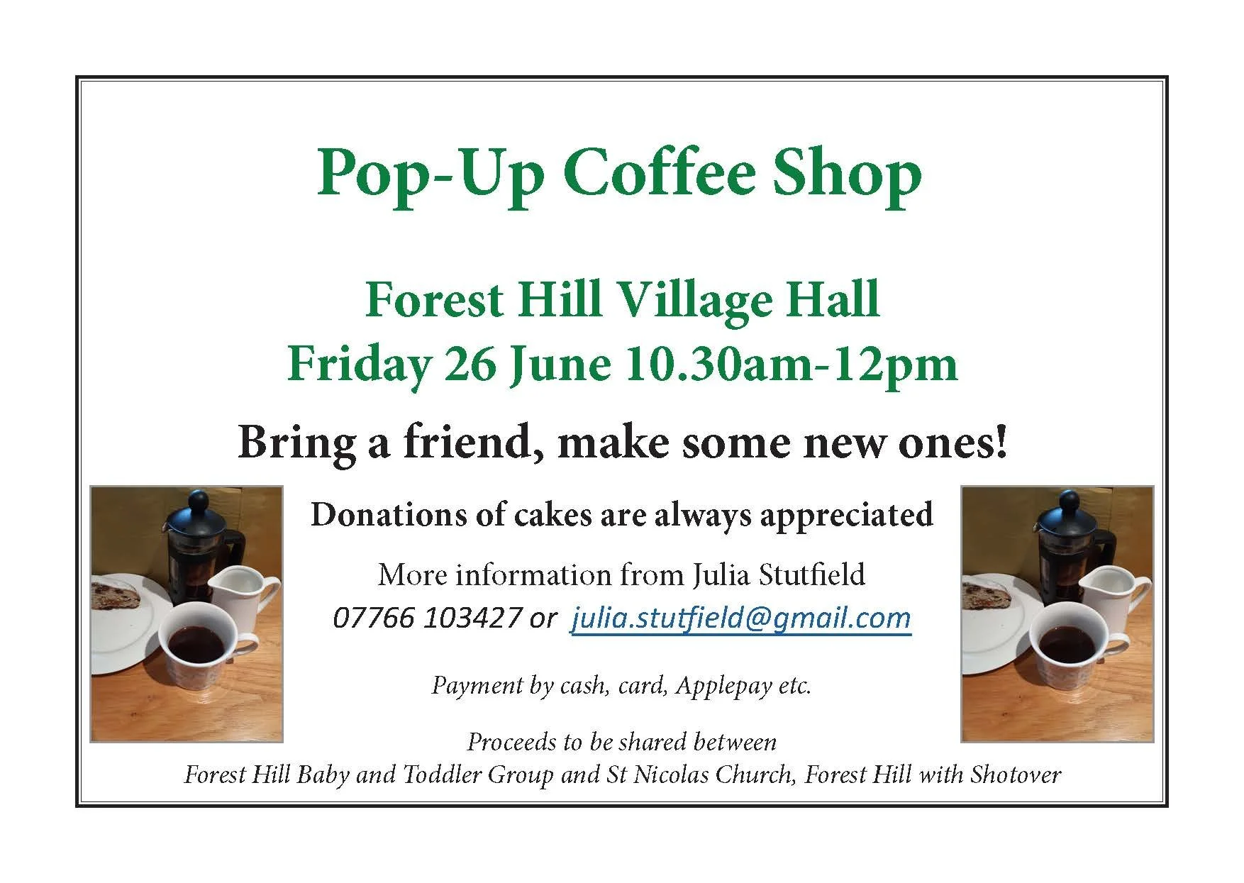 Pop-Up Coffee Shop in the Village Hall, 10.30am-12pm