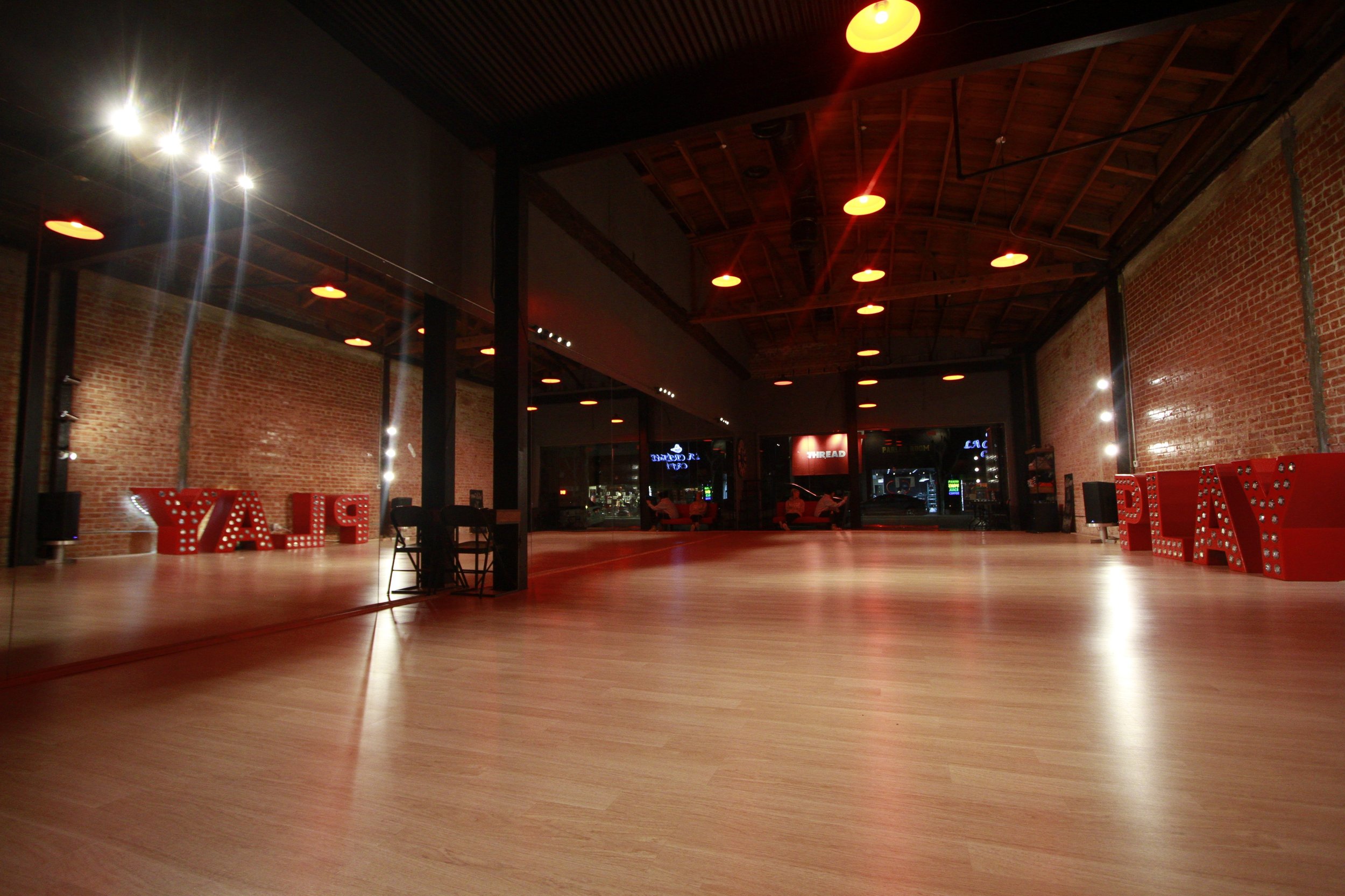 For Lighting: They are 12 hue lights that hang from the ceiling that are all on dimmers and colored controlled via an app that can be provided. There is track lighting above all the mirrors that are also all on dimmers.