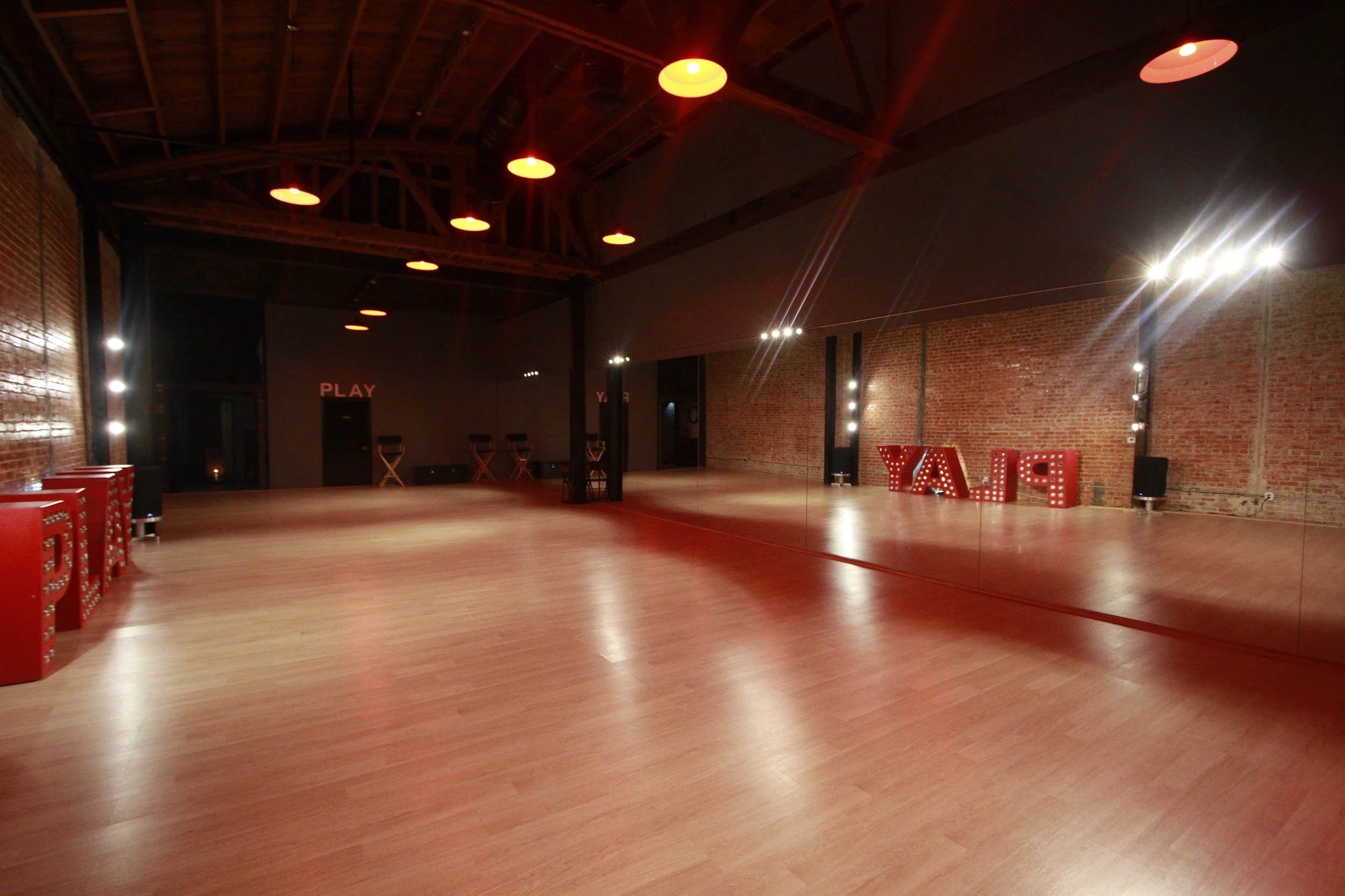 For Lighting: They are 12 hue lights that hang from the ceiling that are all on dimmers and colored controlled via an app that can be provided. There is track lighting above all the mirrors that are also all on dimmers.