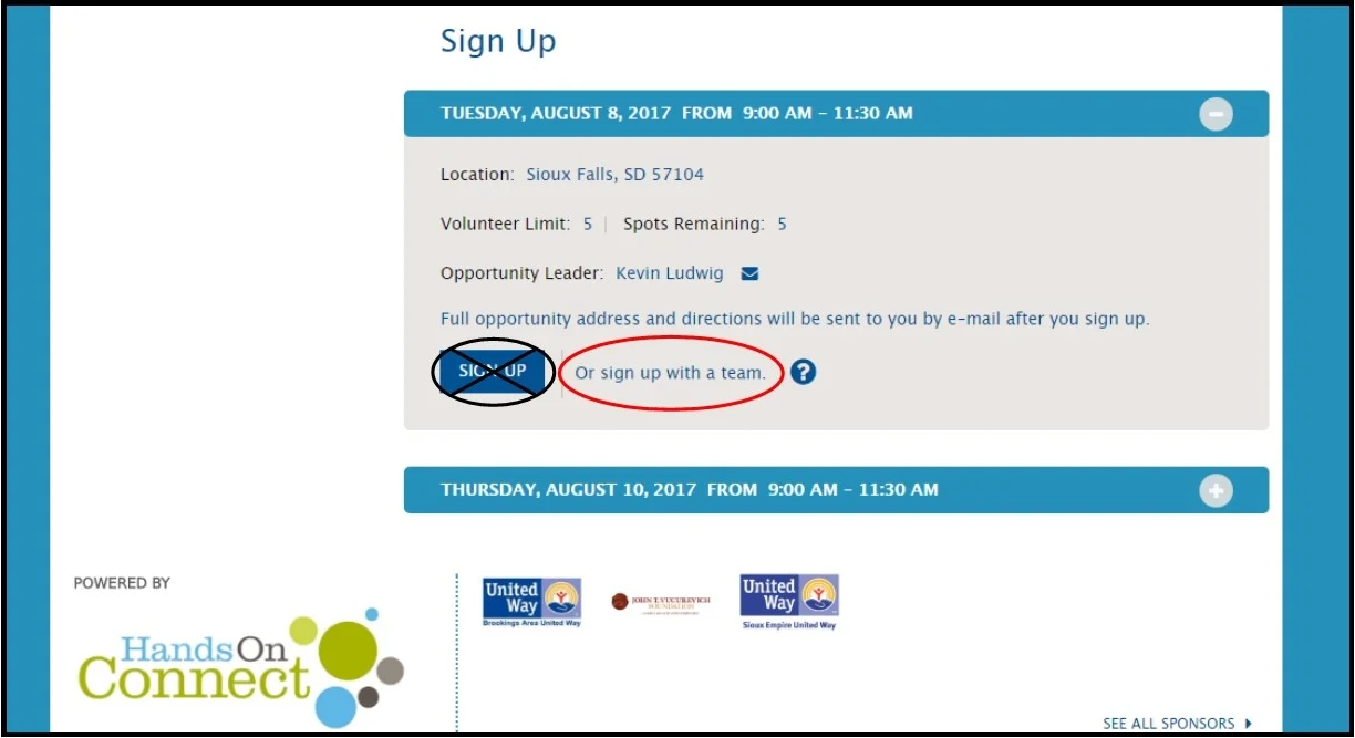 Use the link that says "Or sign up with a team" to register your team for a service project. Do no use the "Sign Up" button.