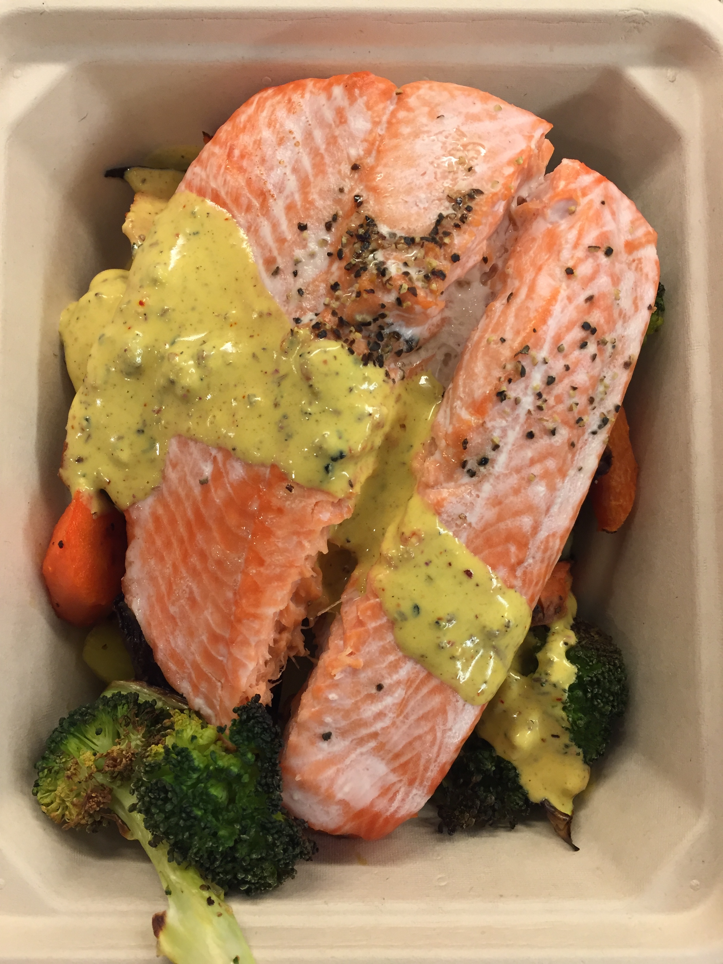 Salmon with Mustard Curry Sauce over Mixed Vegetables
