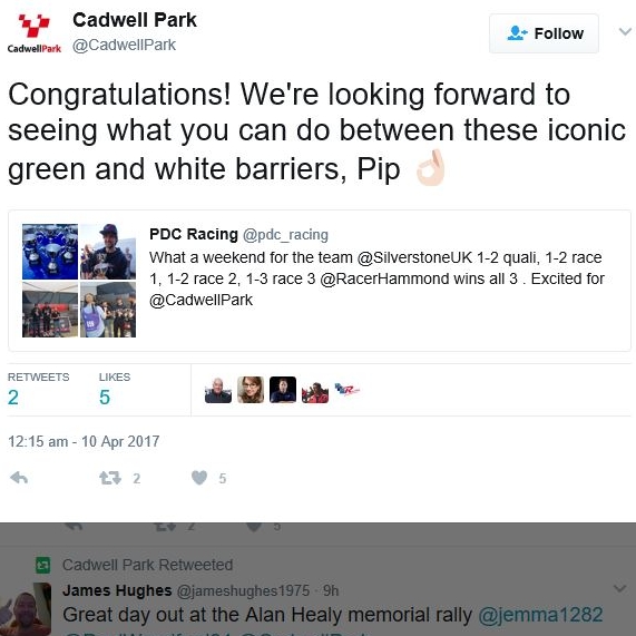 April 10, 2017 - Cadwell Twitter mentions PDC Racing.