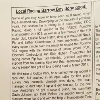 May 2, 2017 - Barton village magazine article on local driver Pip Hammond.