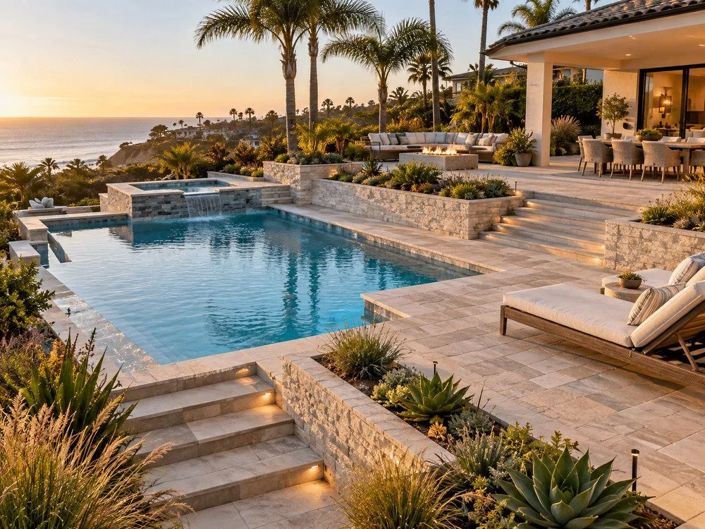 Multi-level stone paver pool deck with steps, retaining walls, a raised patio, and ocean views