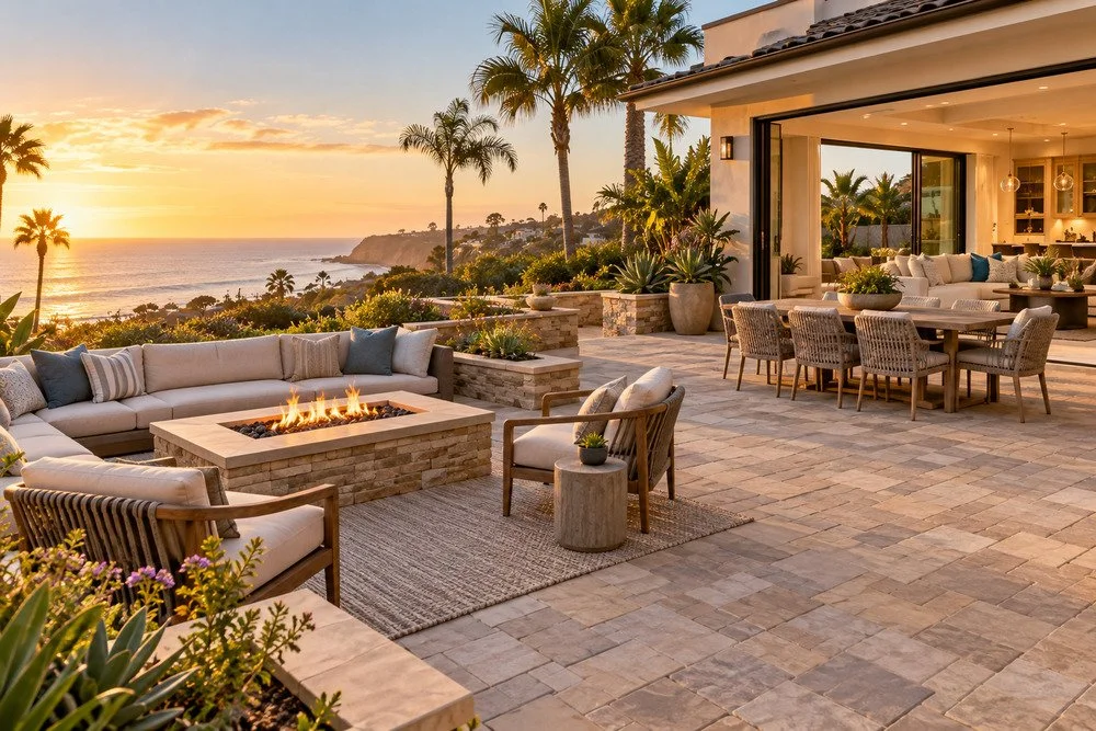 Coastal stone paver patio with a fire pit, outdoor sofas, dining area, and ocean views at sunset
