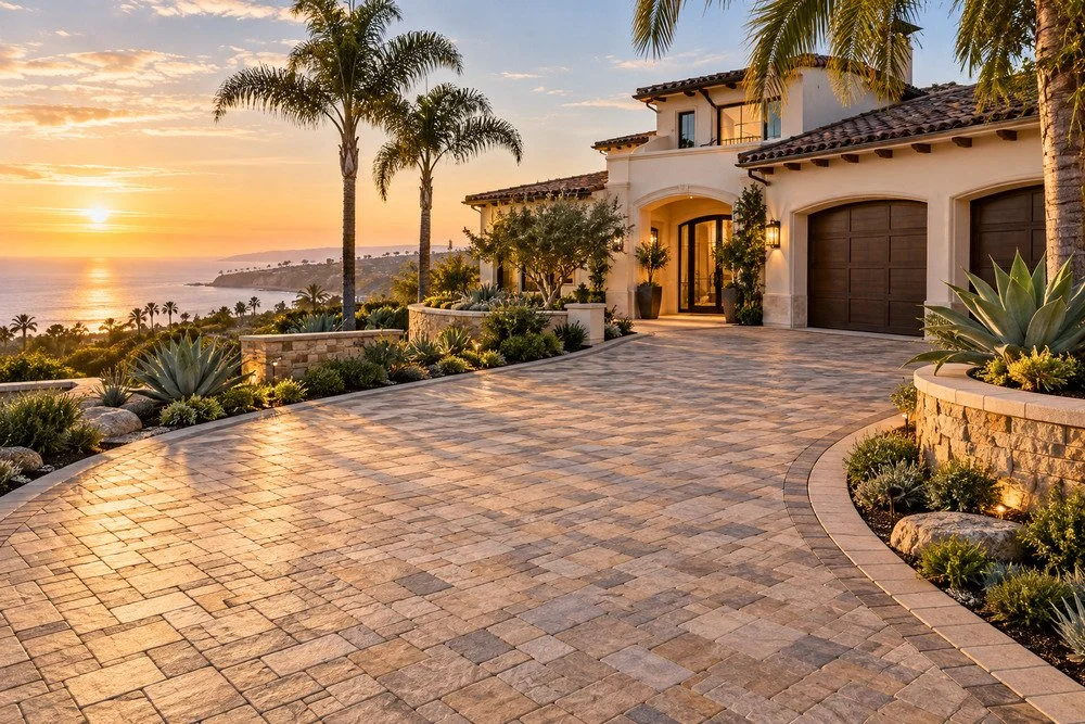Luxury coastal home with a curved stone paver driveway, palm trees, and ocean views at sunset