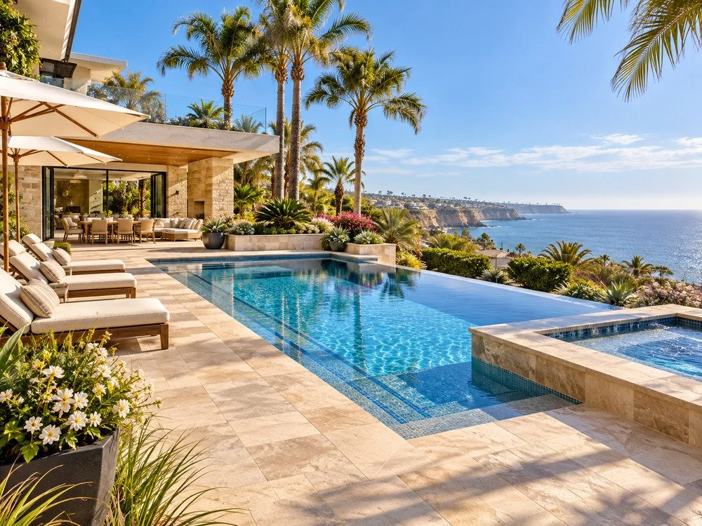 Luxury coastal swimming pool with a beige stone paver deck, lounge chairs, palm trees, and panoramic ocean views