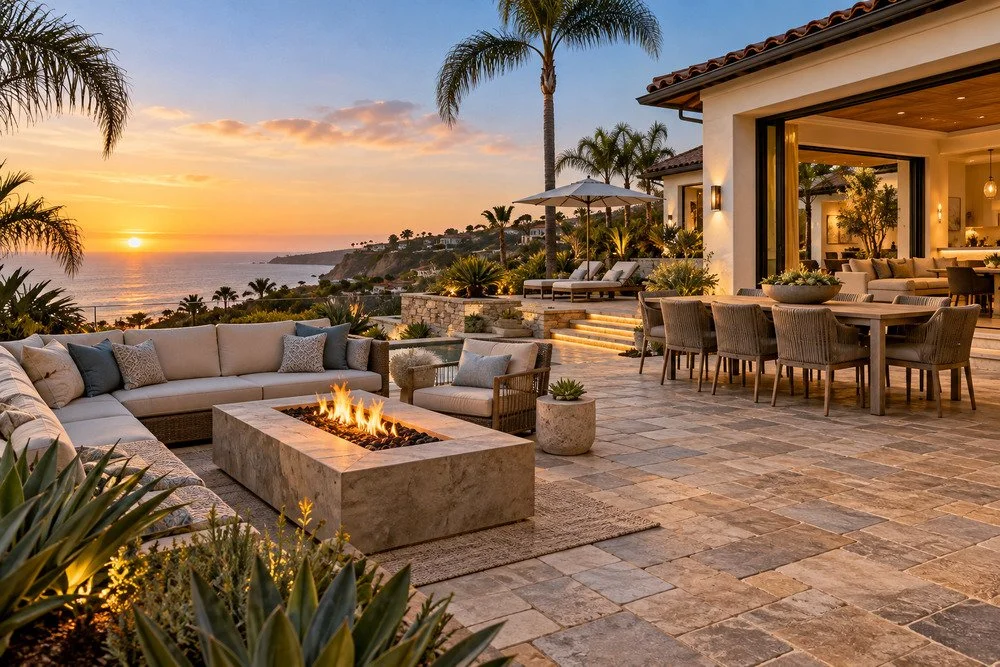 Luxury stone paver patio with a fire pit, outdoor dining area, palm trees, and ocean views at sunset
