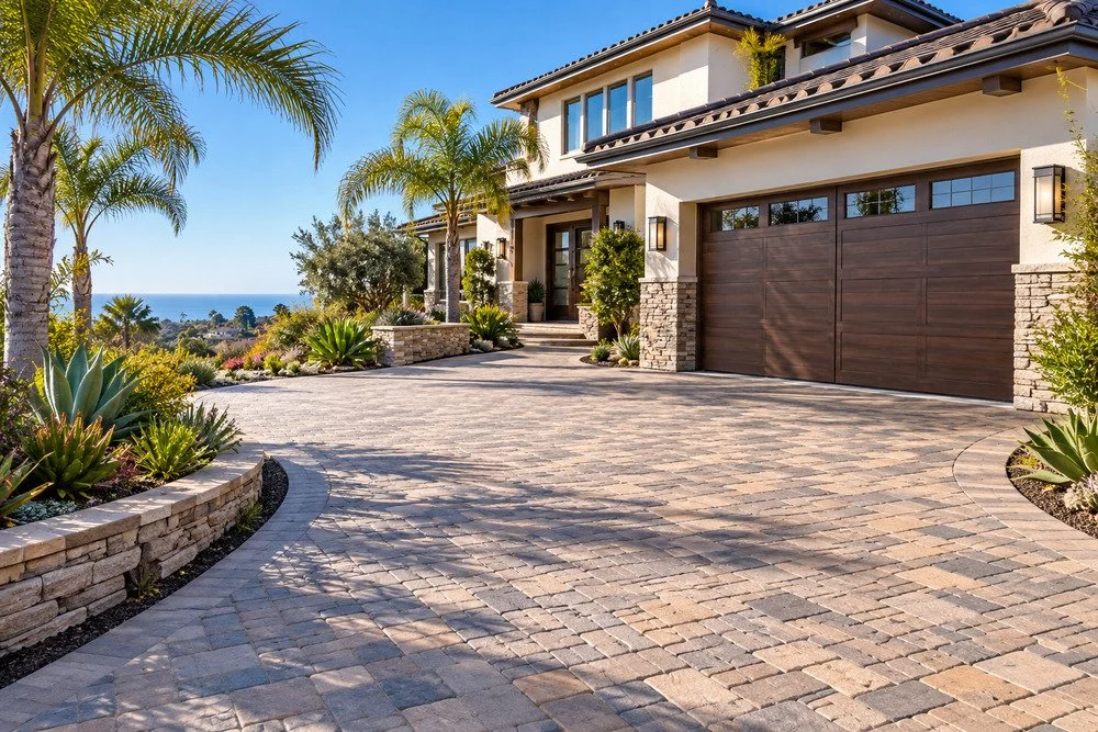Luxury coastal home with a curved stone paver driveway, palm trees, landscaped gardens, and ocean views