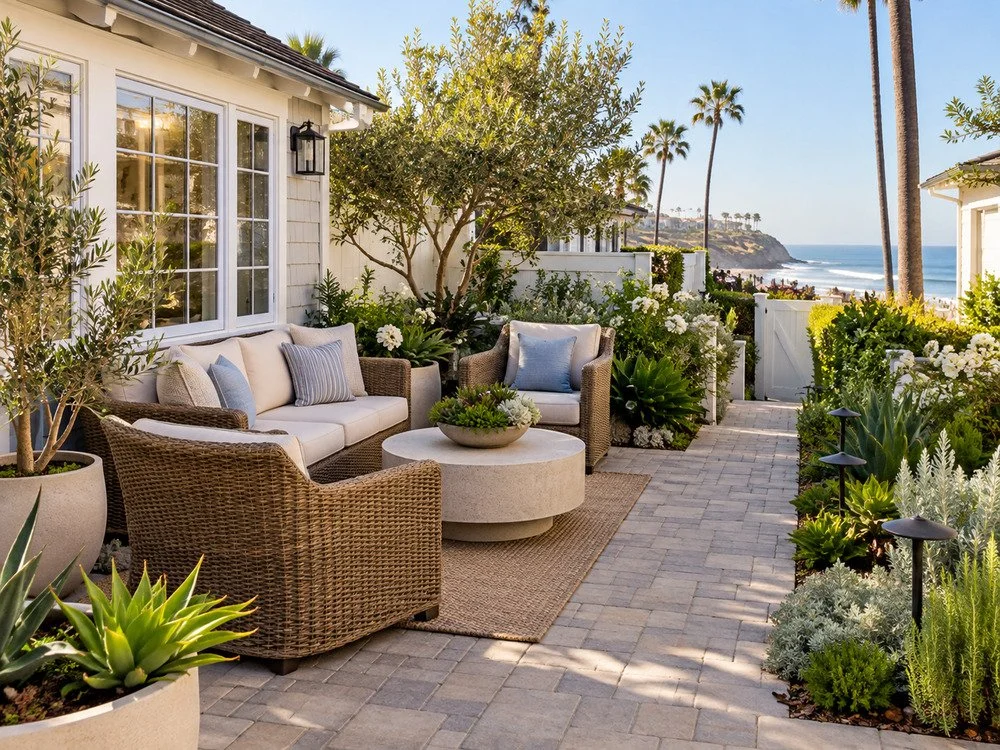 Compact paver patio with wicker seating, lush landscaping, and a walkway overlooking the ocean