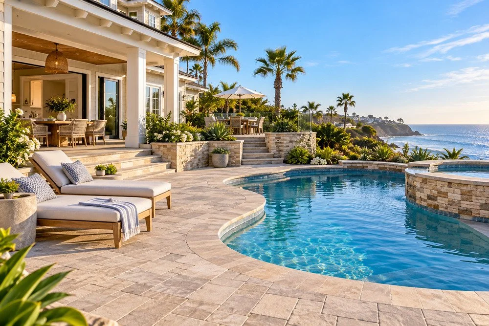 Coastal swimming pool with a beige paver deck, lounge chairs, raised spa, and ocean views