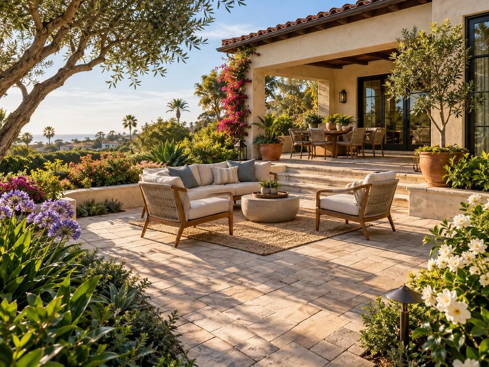 Spacious stone paver patio with cushioned seating, outdoor dining area, and colorful gardens