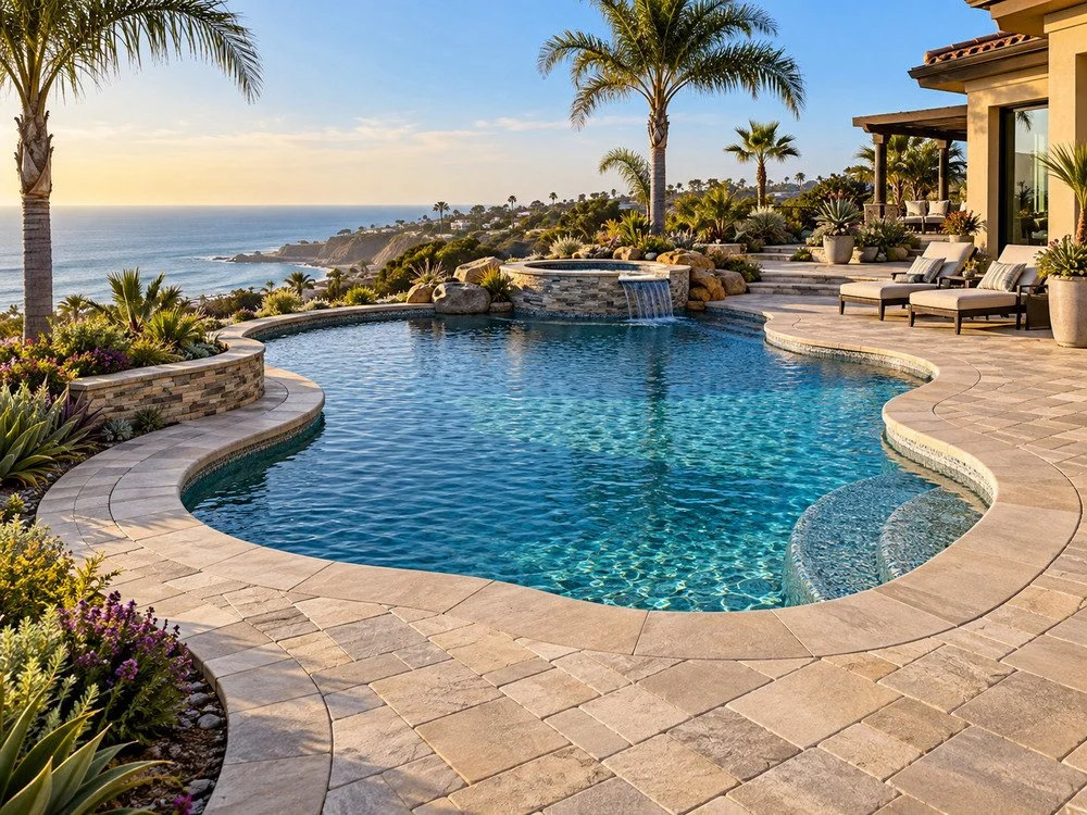 Curved swimming pool with a stone paver deck, raised spa, palm trees, and coastal views
