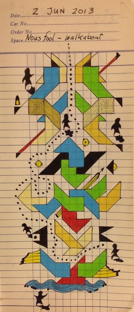 Nous fool - walkabout2013 ·&nbsp;Pen &amp; ink, color pencil on Drew's Lumber Checking Book grid paper · 8"x4"