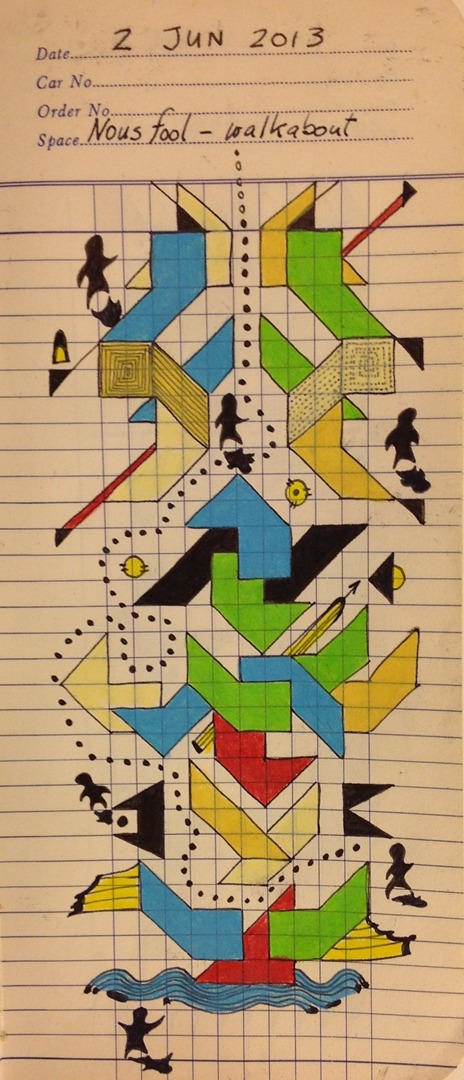 Nous fool - walkabout 2013 · Pen & ink, color pencil on Drew's Lumber Checking Book grid paper · 8"x4 "