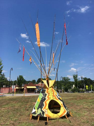 #CosmicTipi - installation, Emory Village, ATL, GA 2016 · oil paint on canvas, bamboo, wood. rope, varnish, 156"x72"x84"