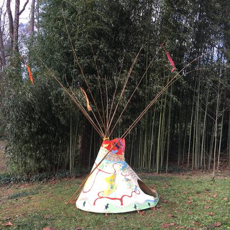 #WalkAboutTipi - Installation 1096 Clifton Rd. ATL 2015 · oil paint on canvas, bamboo, dyed rope · ~140"x72"x84"