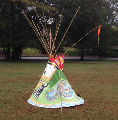 #TalismanTipi - installation Dellwood Park ATL 2015 · oil paint on canvas, bamboo, dyed rope · ~120"x72"x84"
