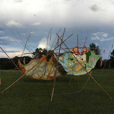#MemoriesTipi (2016) & #TalismanTipi (2015) Each ~10'x 15' · bamboo, oil paint on canvas, rope, canvas, wood, RIT Dye, spar varnish