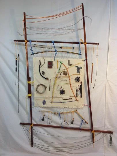 Buckhead: Memory Map, Circa 2014PSE 2014 · 76”x51” · sapele, spar varnish, found sticks, crayon, brass & copper wire, found objects, nylon twine, RIT dye, neural communication wiring (from space worm found on Pharr Rd) and canvas