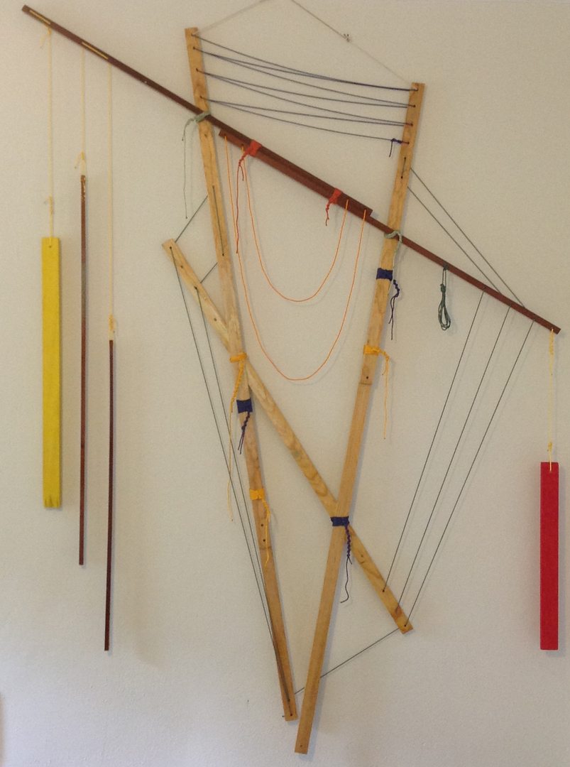 Self-Organizing Map: framework prototype- 2nd instance2014 &nbsp;·&nbsp;pine, sapele, southern cypress, spar varnish, crayon, nylon, dye&nbsp;·&nbsp;86"x63"