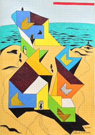 Beach House 2013 · Pen & ink, color pencil on grid paper · 11.5"x8"