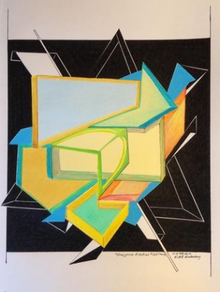 Emergence of Unified Field Theory 201 · pen & ink, color pencil on paper · 14"x10.5"