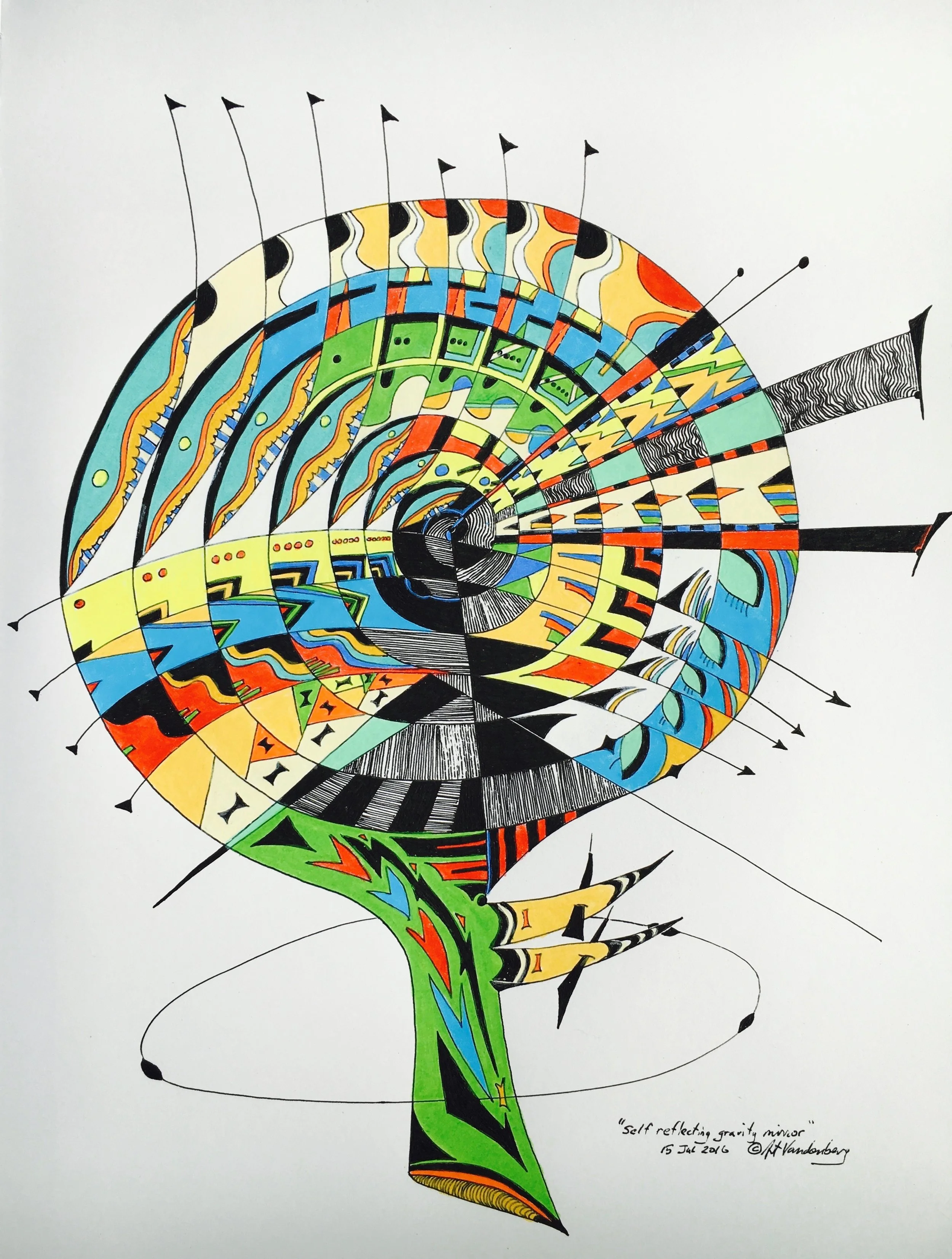 Self reflecting gravity mirror 2016 · pen & ink, color pencil on paper · 14"x10.75" (private collection)