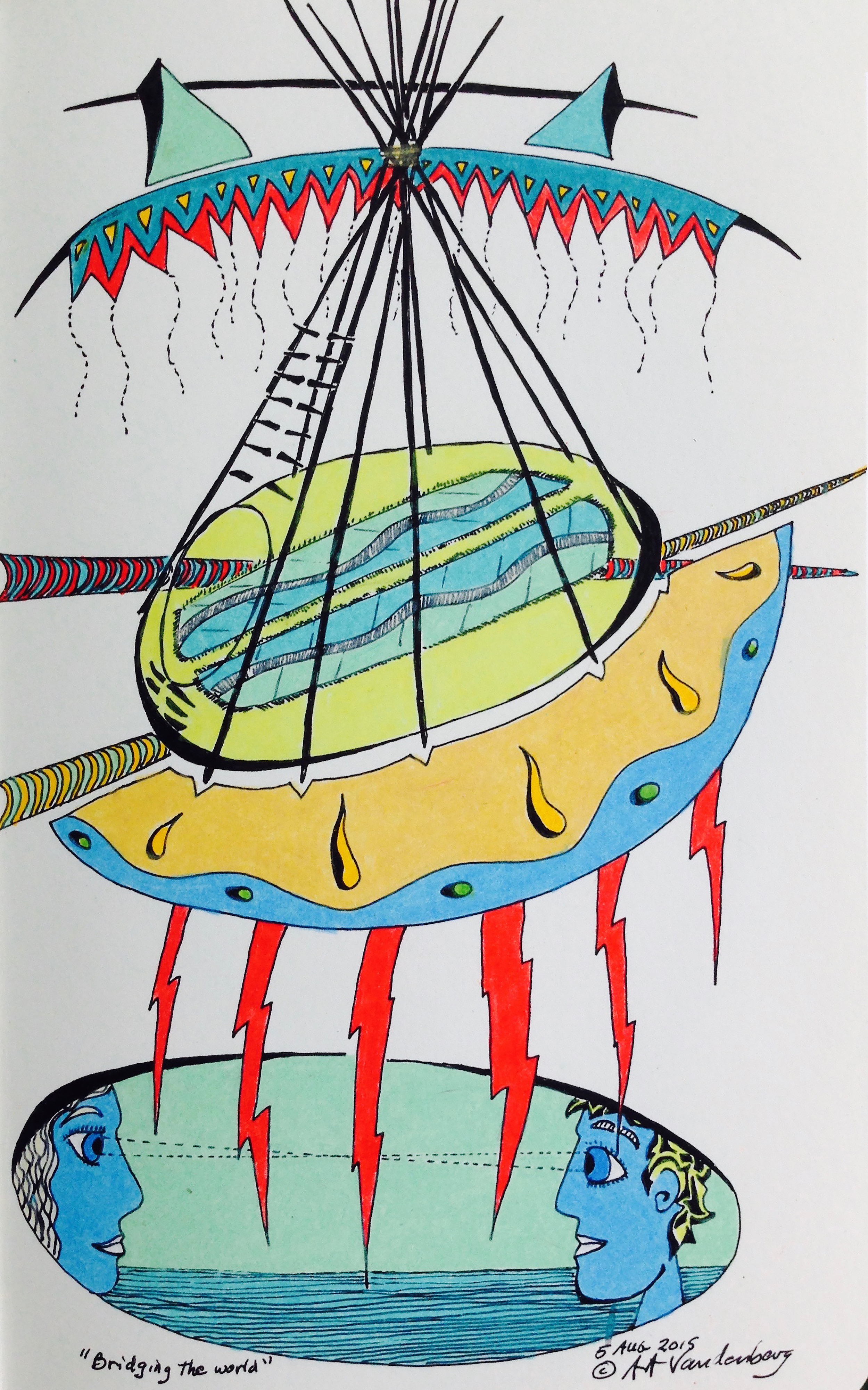 Bridging the World 2015 · pen & ink, color pencil on paper · 8"x5"