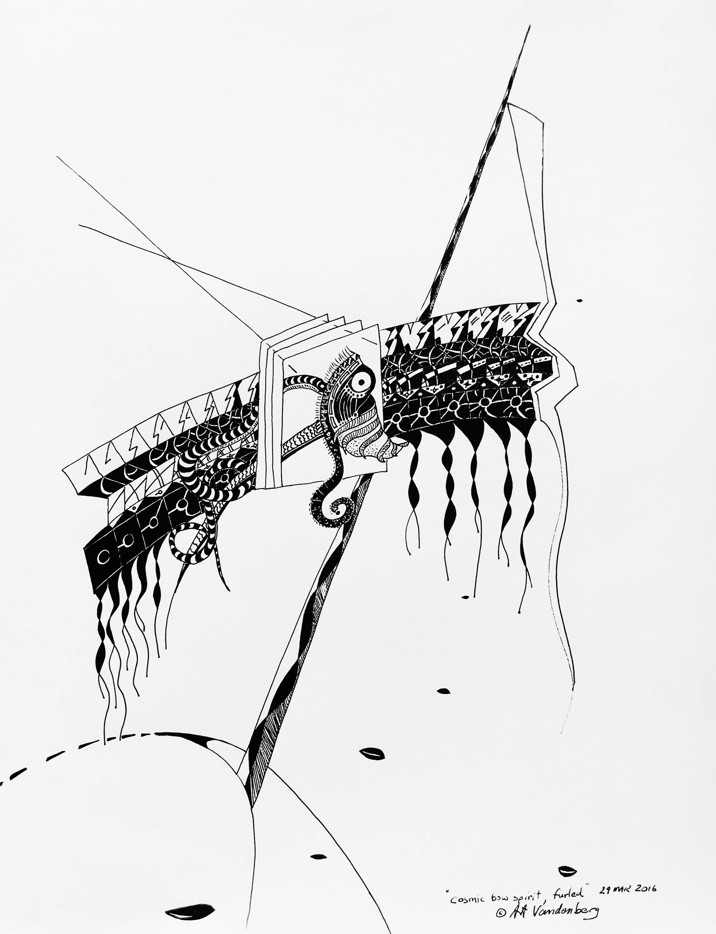 Cosmic bow spirit, furled 2016 · pen & ink on paper · 14"x10.75"