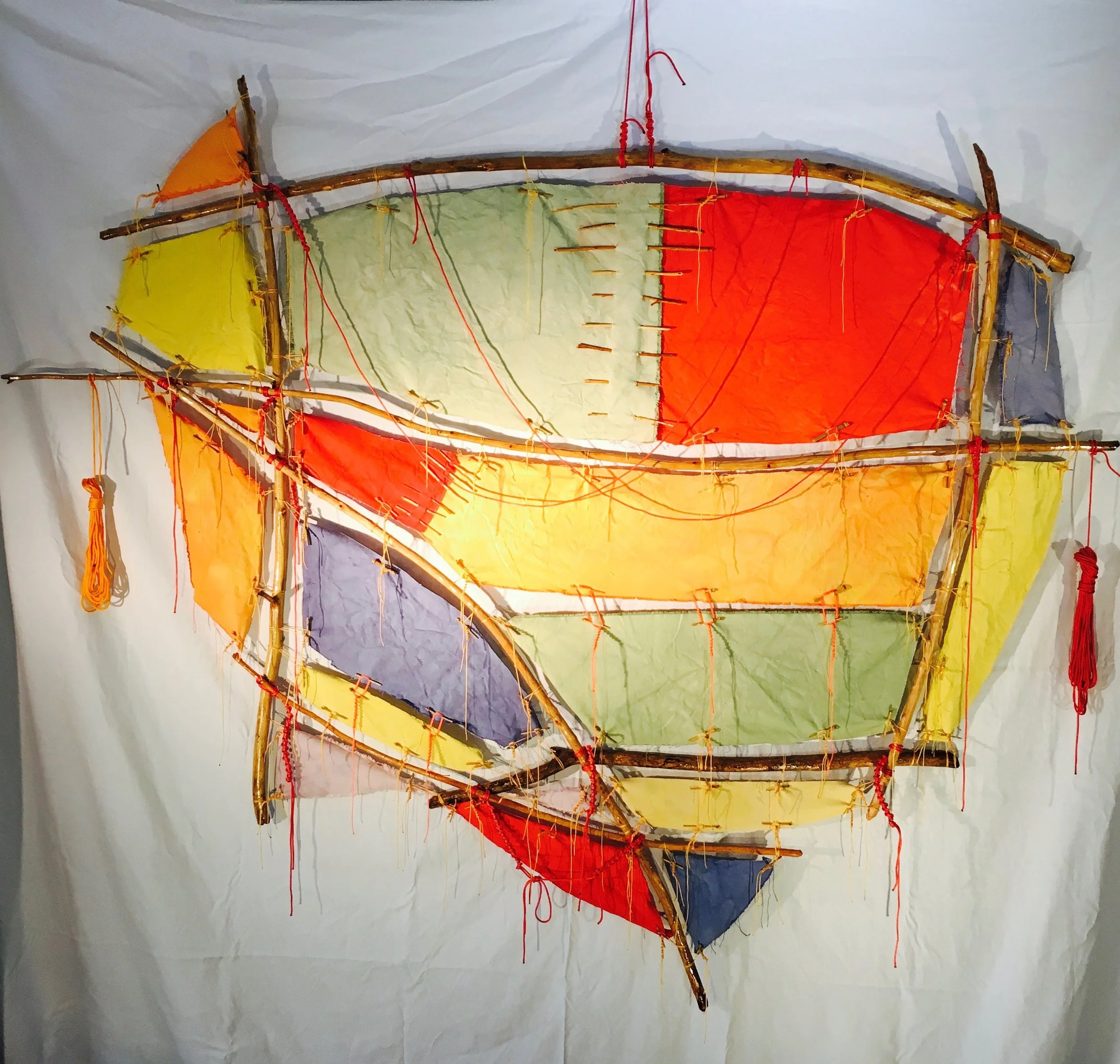 Outbound (red right returning) 2017 · found wood, canvas, rope, string, dye, varnish · 79"x66"x5"