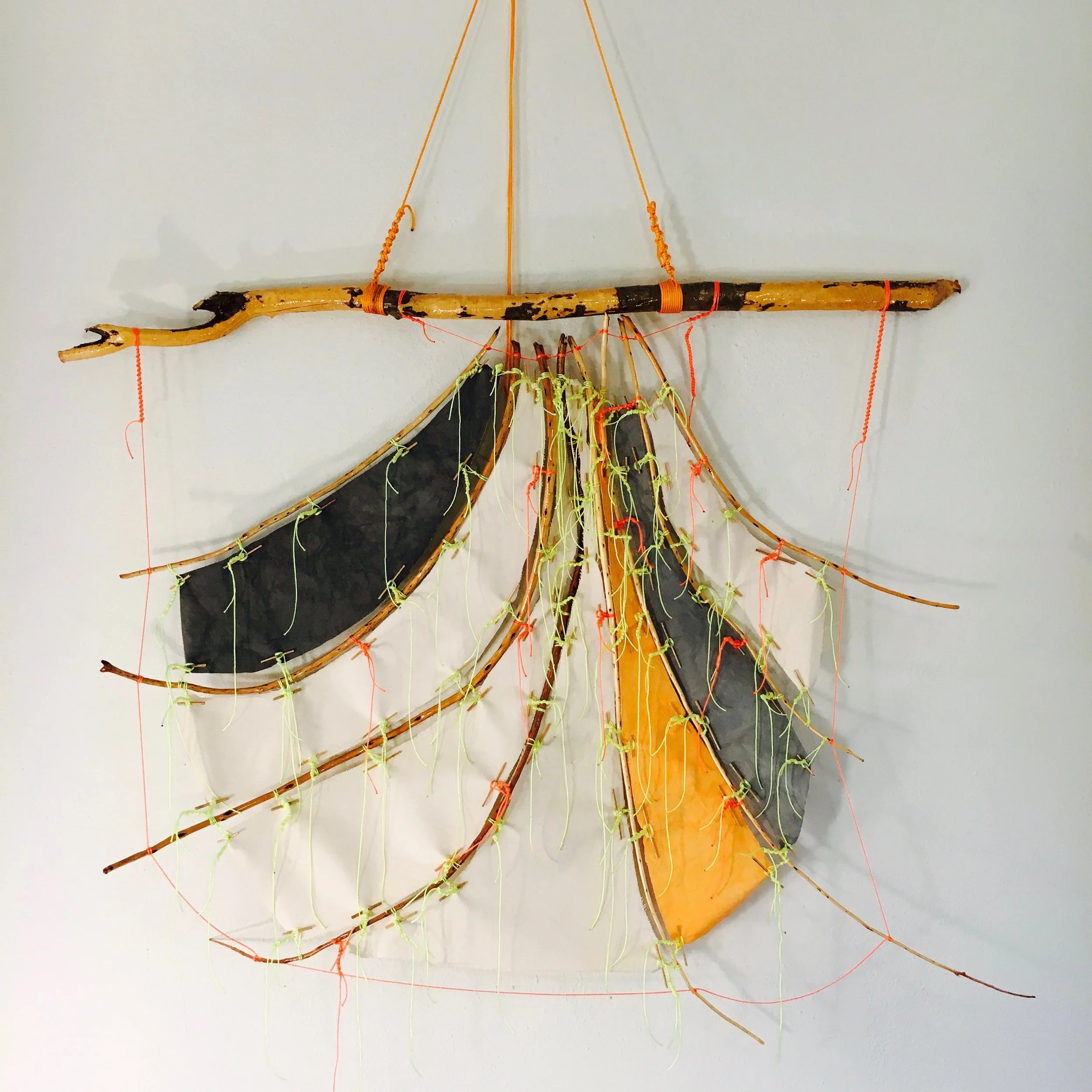 Calabi-Yau Sail prototype 2017 · found wood, canvas, dye, string, rope, varnish · 47"x58"x8.5"