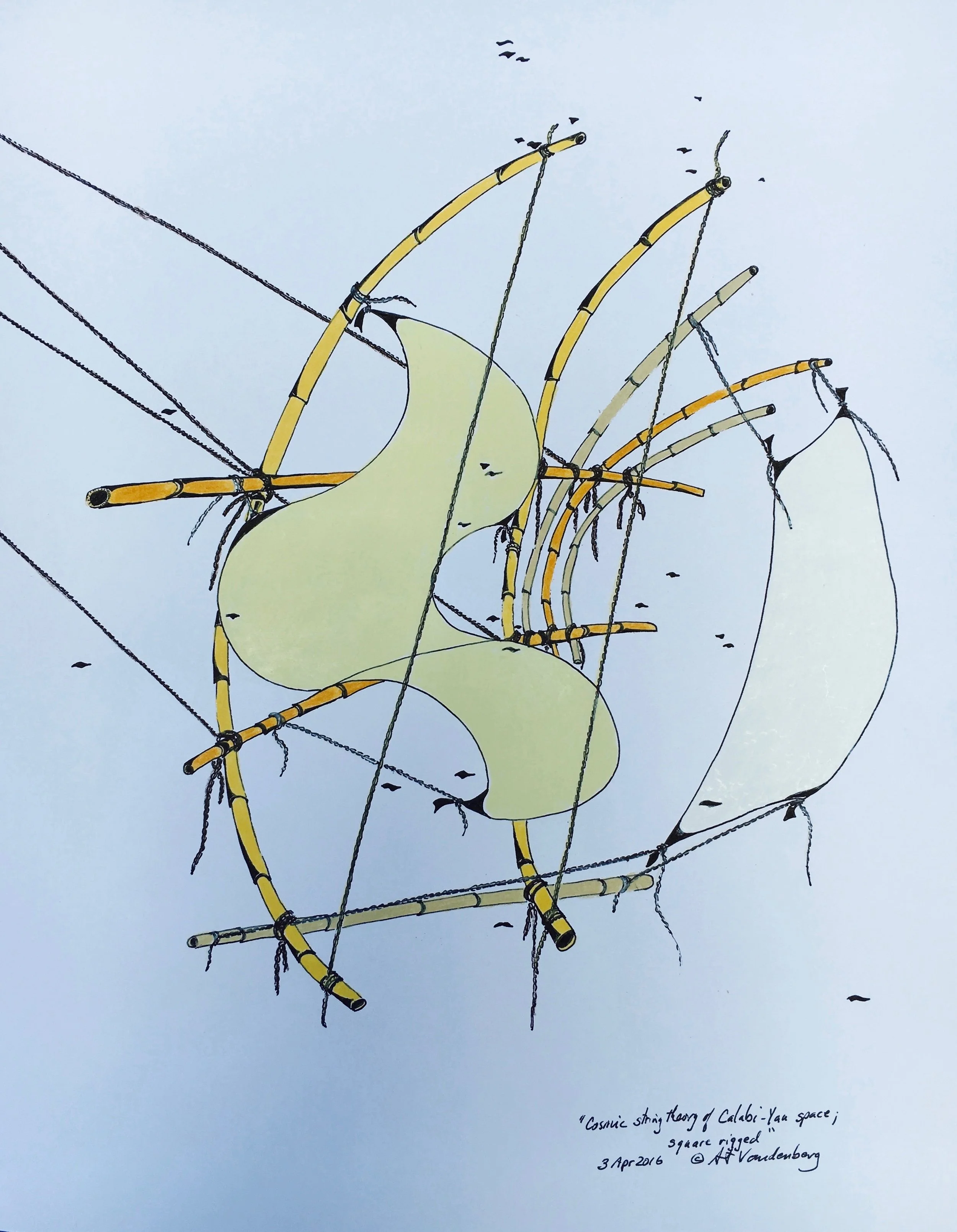 Cosmic string theory of Calabi-Yau space; square-rigged 2017 · pen & ink, color pencil on paper · 14"x10.75"