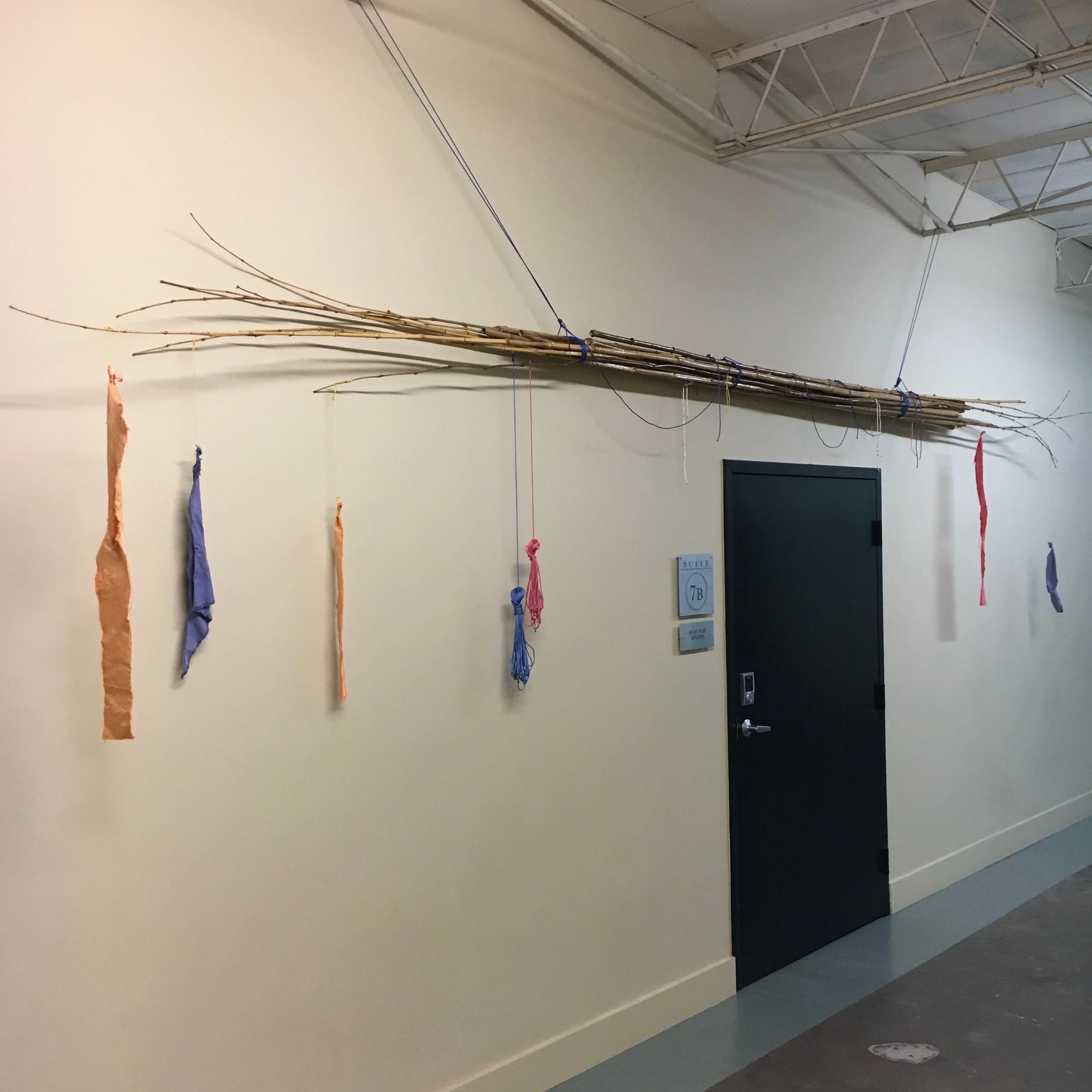 #Day24568 - #Tipis coda, #NOMADICART gear... 2017 installation at Floataway Community Center 2017 · bamboo, rope, canvas, dye · 6'x18''