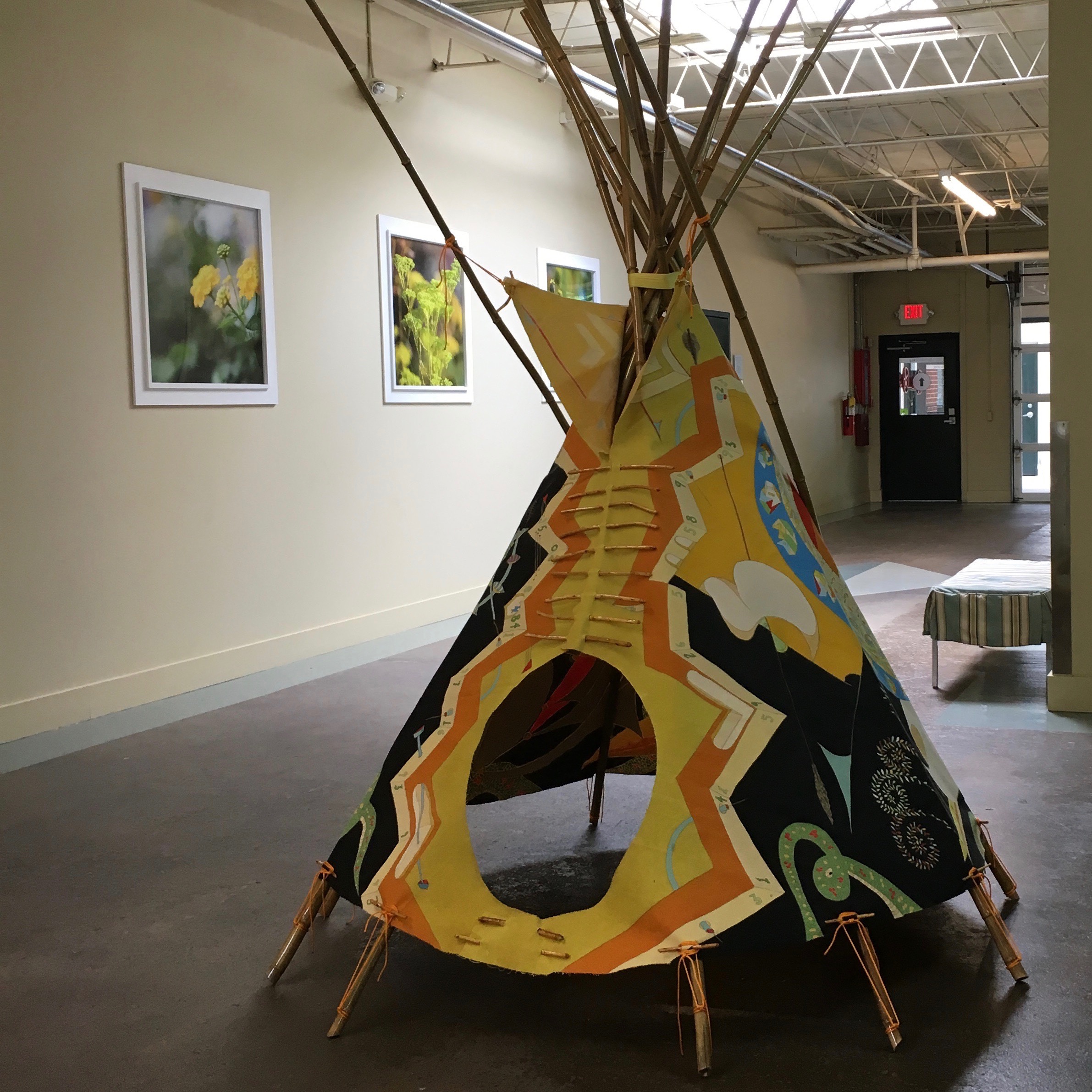 #Day24574 - #CosmicTipi, 'Back by popular demand ' version installation at Floataway Community Center 2016 · pencil, oil paint on canvas, bamboo, wood, rope, RIT dye · 1'x8'x8''