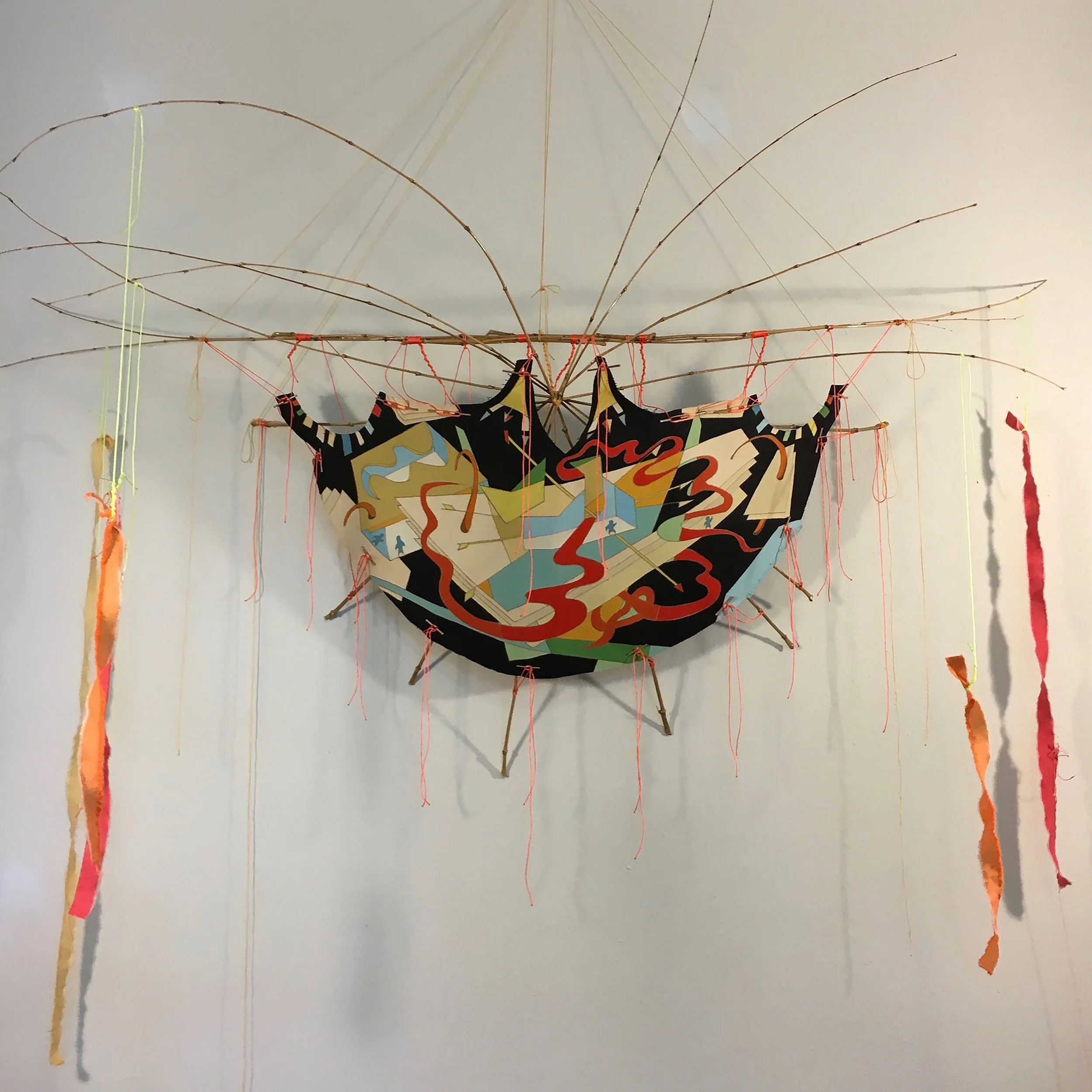 #TipisEight - 2 - Cosmos 2016 · pencil, oil paint on canvas, bamboo, dyed canvas, string, varnish · 80"x74"x36"
