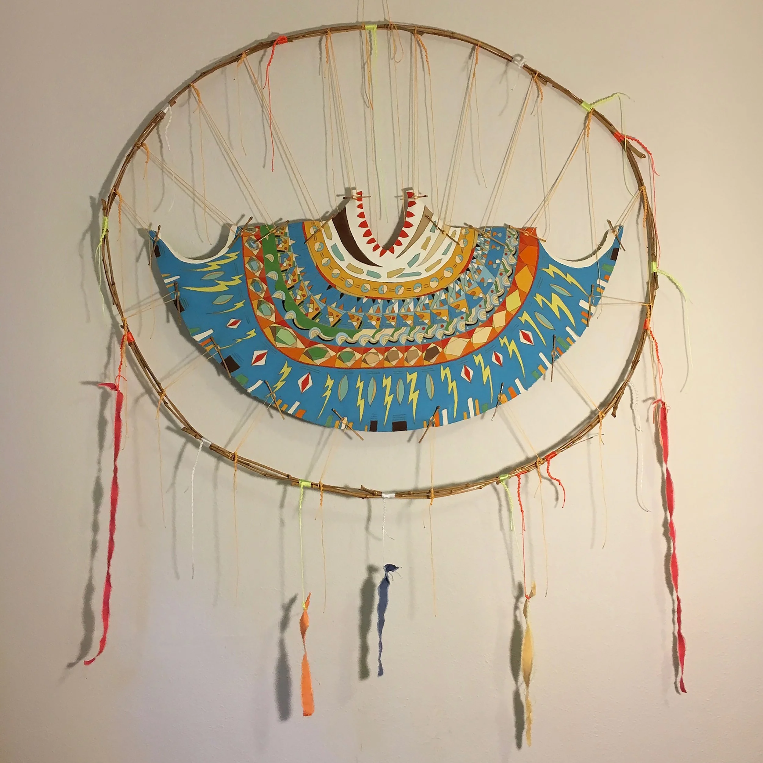 #TipisEight - 6 - Memory 2016 · pencil, oil paint on canvas, bamboo, dyed canvas, string, varnish · 71"x49"