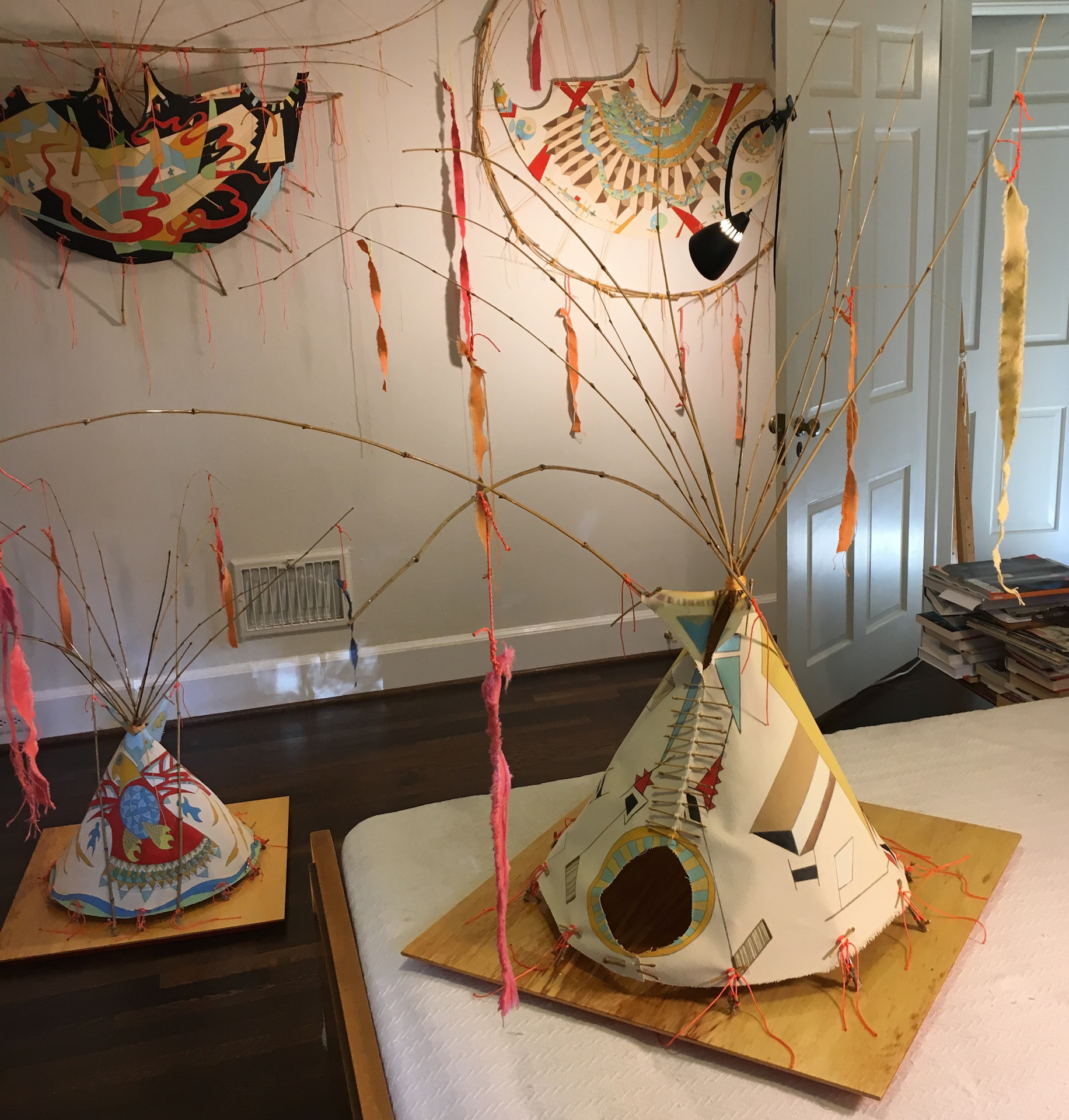 #TipisEight - 8 - Alchemy (foreground) 2016 · pencil, oil paint on canvas, bamboo, dyed canvas, string, wood panel base, varnish ·45"x32"x56" (base 24"x24")