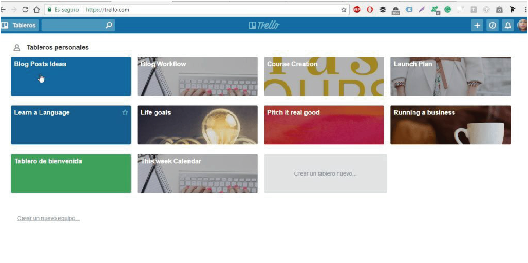 Vista de los Tableros de Trello