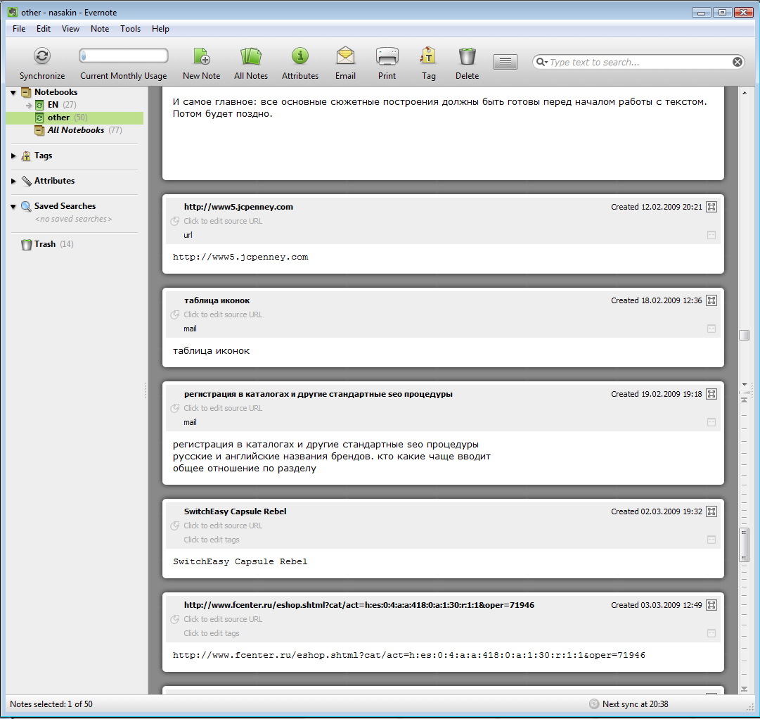 Interfaz de Evernote 2008.